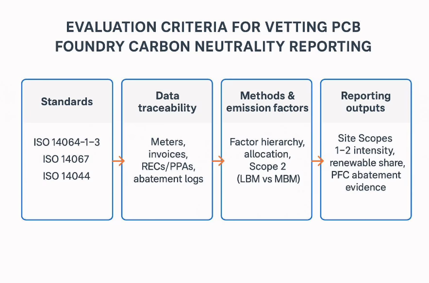 Infographie reliant les normes, la traçabilité des données, les méthodes et les résultats des rapports pour le contrôle des rapports sur le carbone des fonderies de PCB.